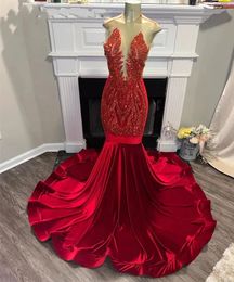 Luxe Crystal Black Girl Prom Dresses Mermaid Velvet Formele afstuderen Promjurken Volledige ritsjAr -verjaardagsjas