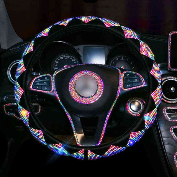 Luxe Cristal Coloré Strass Volant De Voiture Couvre Diamante Strass Voiture Couvert Volant En Peluche Accessoires J220808