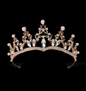 Luxe Kristallen Kroon Gouden Bruids Haaraccessoires Bruiloft Strass Parel Blad Tiara Kroon Haarband Bruiden Haar Sieraden8516401