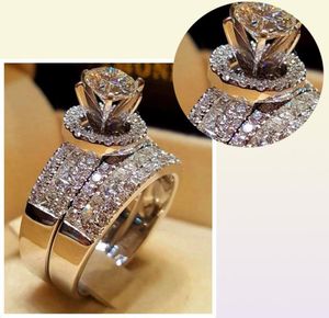 Conjunto de anillo de piedra de circón grande para mujer con diamantes de cristal de lujo, anillos de boda nupciales de plata 925 a la moda para mujer, compromiso de amor y promesa 8430725