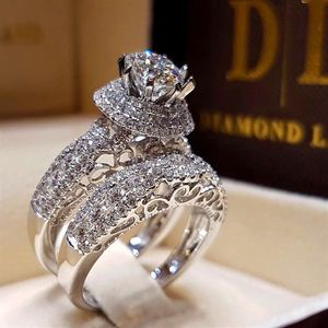 Luxe Kristal Diamant Vrouwelijke Grote Zirkoon Stenen Ring Set Mode 925 Zilveren Bruids Trouwringen Voor Vrouwen Belofte Liefde Engagement 264D