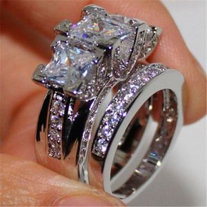 Conjunto de anillo de boda de circón de cristal de lujo para mujer, conjuntos de novia de plata 925 a la moda, joyería, promesa, anillos de compromiso de amor para mujer