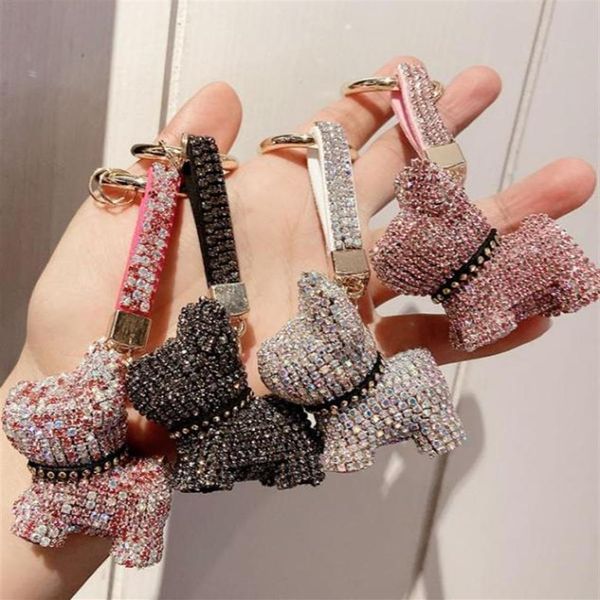 Cristal de luxe bouledogue français porte-clés longe strass bracelet en cuir chien porte-clés femmes sac breloques hommes voiture porte-clés bijoux 21276J