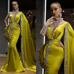 Luxe Crystal Mermaid Formele Avondjurken met Mantel One Full Mouwen High Collar Beaded Long Prom Jurken Vestidos de Noiva