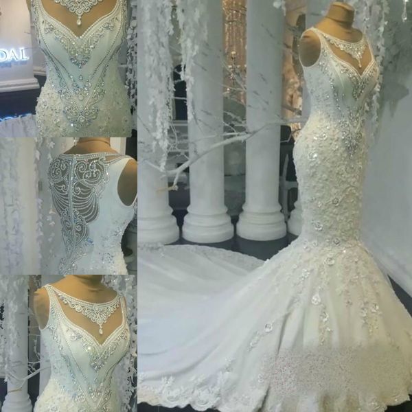 Robes de mariée sirène en cristal de luxe 2019 sans manches superbe dentelle appliques perlées robes de mariée fermeture éclair dos sur mesure robe de Novia