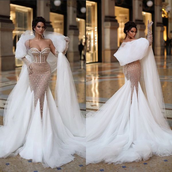 Robes de mariée sirène en cristal de luxe, sans bretelles, à paillettes, sur mesure, avec traîne à volants, dos nu