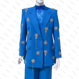 Luxe Crystal Women Suits Jurken Vintage Double Breasted Jacket Flare Pants Party Jurk Custom Made Applique Blazer 2 PCS