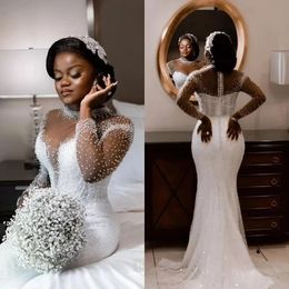 Cristales de lujo con cuentas sirena vestidos de novia mangas largas vestidos de novia blancos brillo africano Vestido de Novia ilusión joya cuello 2023