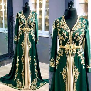 Luxe kristallen kralen Marokkaanse kaftan avondjurk v-hals lange mouwen geappliceerd gouden kant groen satijn formele gelegenheid jurken moslim prom dresses