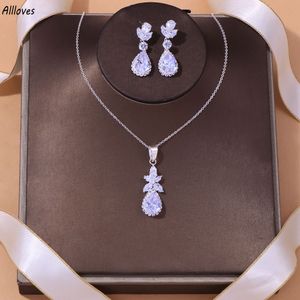 Luxe Kristallen Bruids Bruiloft Sieraden Set Sprankelende Waterdruppel Diamanten Hanger Ketting Oorbellen Sprankelende Vrouwen Sieraden Set Verlovingscadeau CL3021