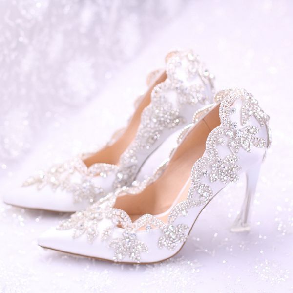 Superbes cristaux diamants chaussures de mariage bout pointu talons hauts escarpins de mariée blancs dames chaussures de bal de fête AL2311