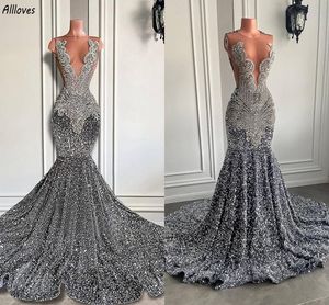 Cristaux de luxe Robes de soirée en strass pour femmes Aso Ebi Sheer Neck Sparkly Special Occase Robes formelles plus taille Deuxième Robe de bal de bal CL3457