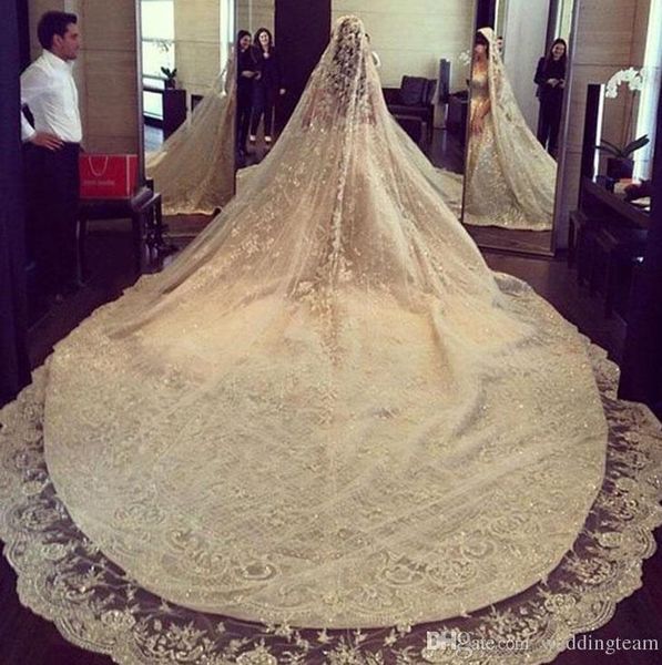 Luxe sur mesure 5M de long strass cathédrale voiles de mariage avec dentelle appliques garniture cristaux une couche tulle paillettes voile de mariée