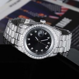 Luxe CZ diamant glacé plaqué or en acier inoxydable quartz hommes montre-bracelet 201V
