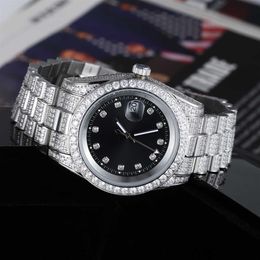 Montre-bracelet de luxe en diamant CZ pour hommes, en acier inoxydable plaqué or glacé, à quartz, 337H