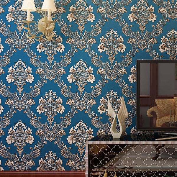Damasco de lujo 3d espumoso rebaño papel tapiz en relieve papel de pared no tejido rollo dormitorio sala de estar cubierta de pared azul