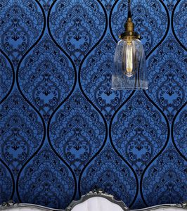 Luxe damast behang blauw en zwart fluwelen niet geweven 3D in reliëf muurbedekking woonkamer voor thuiswanddecoratie
