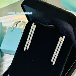 Boucles d'oreilles de lustre de luxe de marque Designer S925 en argent sterling deux lignes carrées en cristal chaîne de charme boucles d'oreilles pour femmes bijoux avec boîte