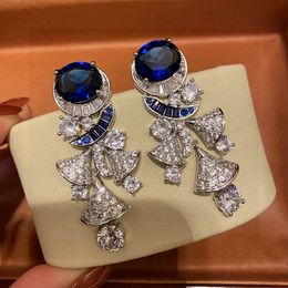 Luxe Dangle Oorbellen Koper Volledige Crystal Diva Dream Merk Designer Volledige Crystal Blue Multi Fan Shape Charm Drop Oorbellen voor Vrouwen Sieraden