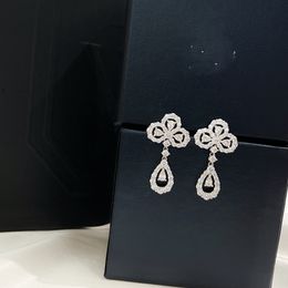 Luxe bengelen oorbellen vol kristal vier blad klaver diamanten lus zilveren naald drop bruiden bruiloft juwelen feest cadeau voor vrouwelijke liefhebbers