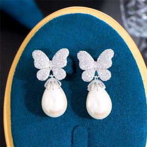 Luxe Dange Pearl Diamond Earring Designer voor vrouw bruiloft verloving 3a zirconia 18k gouden vlinder oorbellen S925 Sterling Silver Post Sieraden Dames geschenk