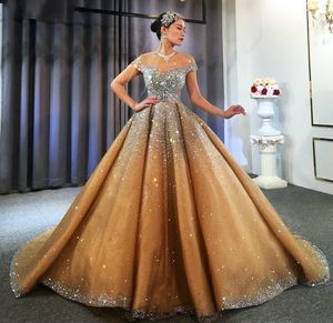 Luxe donkere champagne Arabische Dubai trouwjurk 2023 Illusie nek kristal kralen bruids formele jurk aangepaste vestidos de noiva