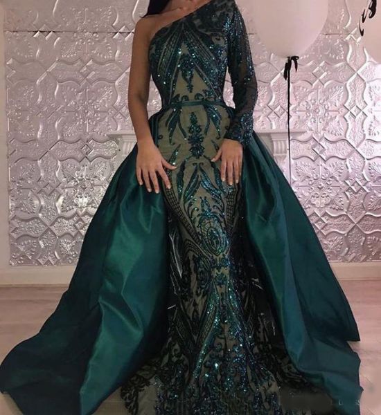 Robes de soirée de luxe vert foncé une épaule Zuhair Murad robes sirène robe de bal à paillettes avec train détachable sur mesure