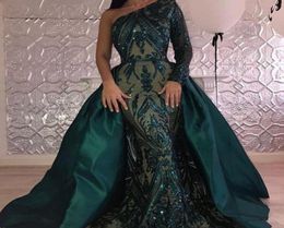 Robes de soirée de luxe vert foncé 2020 une épaule Zuhair Murad robes sirène robe de bal pailletée avec train détachable personnalisé M3787225