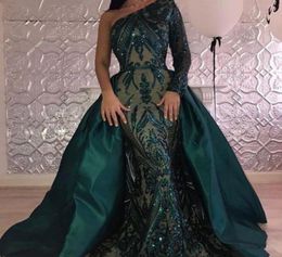 Robes de soirée de luxe vert foncé 2020 une épaule Zuhair Murad robes sirène robe de bal à paillettes avec train détachable personnalisé M5399219