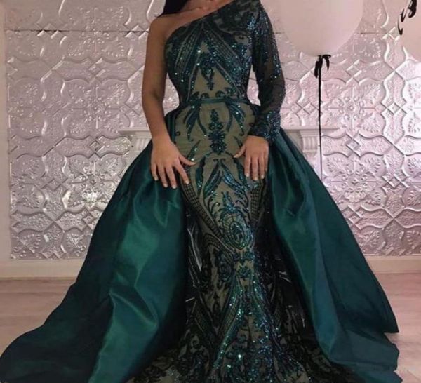 Robes de soirée de luxe vert foncé 2020 une épaule Zuhair Murad robes sirène robe de bal à paillettes avec train détachable personnalisé M5399219