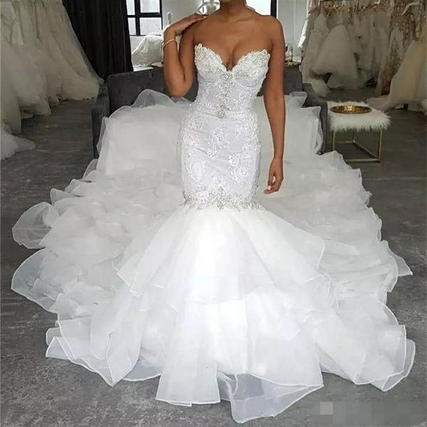 Design de luxe 2020 Long Trail robes de mariée sirène chérie perles dentelle à plusieurs niveaux volants organza robe de mariée personnaliser plus Si190s