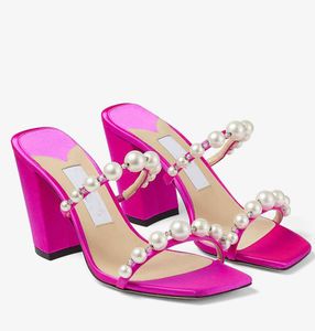 Luxe ontwerp Amara Nappa Lederen Sandalen schoenen voor vrouwen Pearl -verfraaiing Blok Heels muilezels dame casual wandel slip op slippers doos
