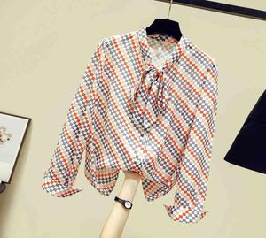 Luxe ontwerp herfst mode dames039s boog chiffon plaid shirt tops lange mouwen blouses dames shirts a3792 2104285606773