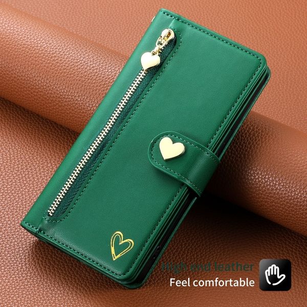 Conception de luxe Gold Zipper 360 Étui en cuir de protection complète pour Apple iPhone 15 14 Pro XR13 Multi Carte Foil Stamping Heart Card Pocket