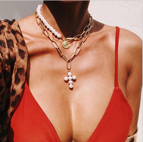 Collier ras du cou en perles d'imitation pour femmes, Design de luxe, pendentif croix, couleur or, bijoux en pièces de monnaie à la mode, 2021
