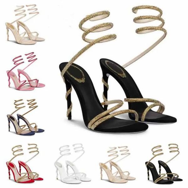 Diseño de lujo Margot Sandalias Zapatos para mujer Stiletto Heel Glitter Soles Lady Crystal Snake Wrapped High Heels Party Wedding Gladiador Sandalias