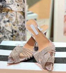 Diseño de lujo Mujer bomba zapatos de vestir sandalia de verano tacones altos zapato slingback Pvc y tacón de aguja con cuentas Strass punta puntiaguda tacón fino con caja