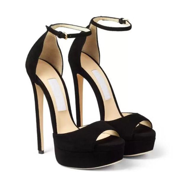 Design de luxe sandales pour femmes en cuir de veau daim fond épais talon fin bout ouvert cheville boucle Sexy chaussures de mode élégantes