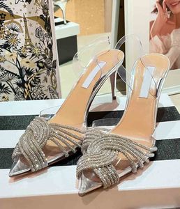 Luxe design vrouwen trouwjurkschoenen sandaal hoge hakken slingback schoen aquaz-kralen stiletto hiel stras pointy teen dunne hakken met doos 35-42