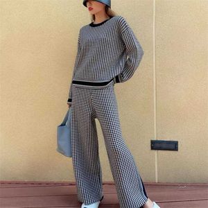 Luxe Designer 2 Stuk Set Dames Trainingspak Herfst Houndstooth Gebreide Pullover Sweater + Pant Suits Casual Sweat Suit Set 211126