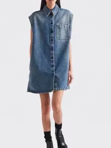 Luxe ontwerper 2023 Hoogwaardige letterriem tailleband revers mouwloze denimjurk voor vrouwen bodycon jurk vintage d1002