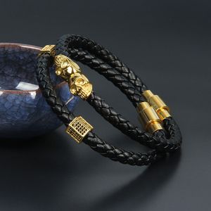 2 stks / set Mode Mannen Armbanden Zwart Gevlochten Lederen Dubbele Skull Armband Roestvrijstalen Mannen Bangle Sieraden