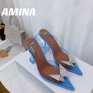 Luxe Designer Amina Muaddi sandalen Nieuw helder Begum Glas Pvc Kristal Transparant Slingback Sandaal Hak Pumps 100mm Blauwe kristallen verfraaide pumps schoenen