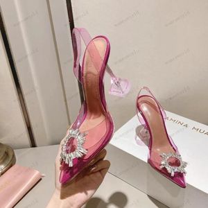 Designer de luxe Amina Muaddi sandales New clear Begum Glass Pvc Crystal Transparent Slingback Sandal Heel Pumps 100mm pantoufles ornées de cristaux chaussures vertes AKKK