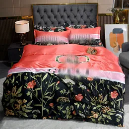 Juegos de cama de diseño de lujo letra g impresa tamaño queen king funda nórdica dormitorio de flores sábanas de diseño de primavera fundas de almohada fundas de edredón de satén de seda 4 piezas