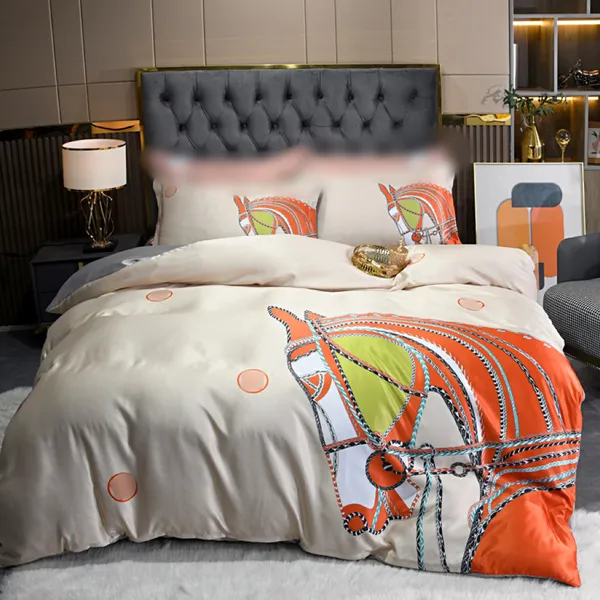 Ensembles de literie design de luxe cheval imprimé reine roi taille h housse de couette couette chambre designer drap de lit taies d'oreiller ensemble de couette orange couvre 4 pièces