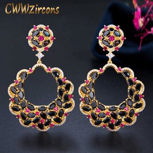 Luxe Designer Big Long Flower Drop Red Black Cubic Zirconia Stone Earring Yellow Gold Party Sieraden voor Dames CZ687 210714