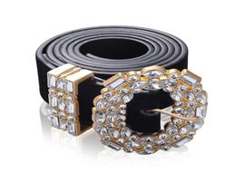 Cinturones de strass grandes de diseñador de lujo para mujer, joyería de cintura de cuero negro, cinturón de cadena dorada, diamantes de imitación, moda 6153352