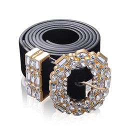 Cinturones de strass grandes de diseñador de lujo para mujer, joyería de cintura de cuero negro, cinturón de cadena dorada, diamantes de imitación, moda 6010829