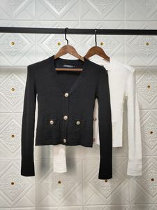 Designer de luxe noir blanc vestes dame automne hiver femmes tricoté épaulette veste col en v pull taille S M L